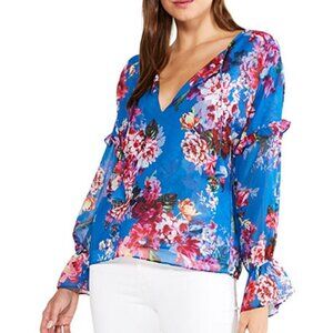 MISA Blouse Womens Extra Large Blue V-Neck Floral Long Sleeve Capriana Top